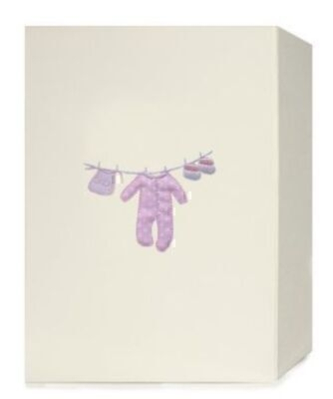Baby Girl Keepsake Box by Deva Designs. Cream Box with pink baby grow, booties and bib on washing line detail. Magnetic side opening. Size 25x18.5x6.5cm